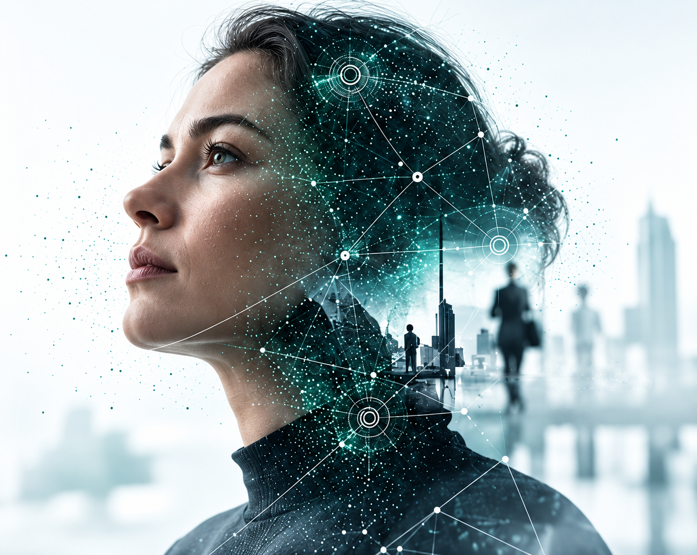 A woman looking ahead, connected to a city and its people: behaviour, culture, context in real time, hidden risk and stronger organisations.